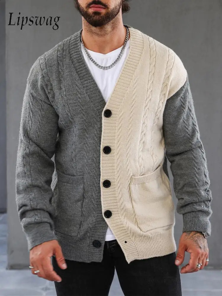 Knitted cardigan mens jacket autumn fashion contrasting color button V-neck sweater mens retro knitted sweater 240910
