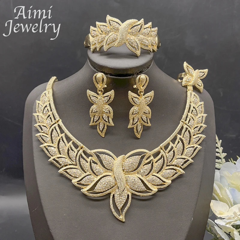 rhinestone 18K gold-plated 4pcs womens jewelry set necklace earrings bracelet ring African bride wedding party gift 240910