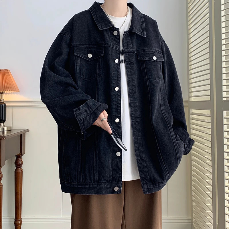 Plus Size 5XL-M Black Denim Jacket Mens Flip Collar Jeans Jacket Multi Pocket Jacket Street Loose Casual Mens Wear 240910