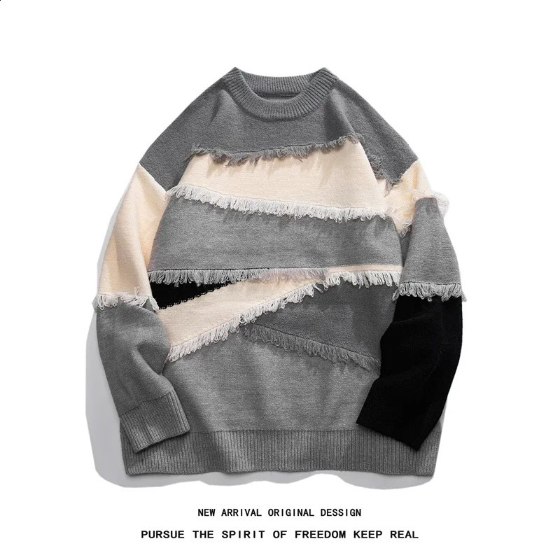 Mens retro patch work color round neck sweater with floral pattern couples long sleeved top mens and womens 240910