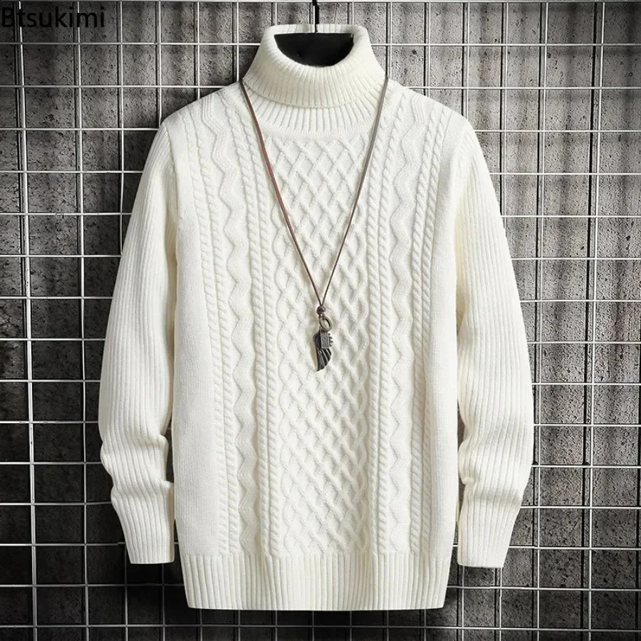 Winter Mens Warm Collar Sweater Knitted Thick Pulled Casual Sweater High Collar Knitted Solid Color Mens Jumper 240910