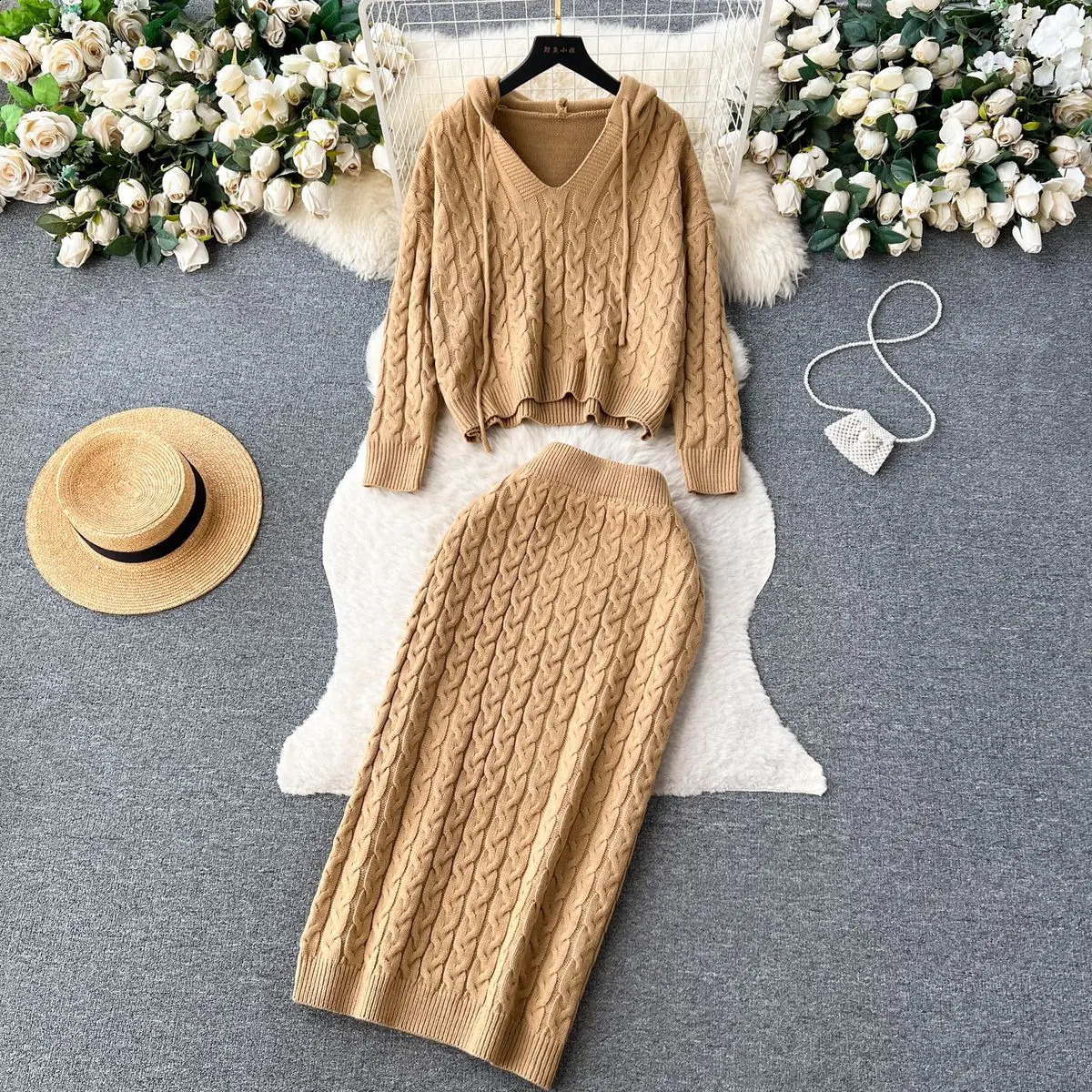 Korean fashion two-piece womens coat solid knit sweater hooded dress set loose floral dress set women 240907