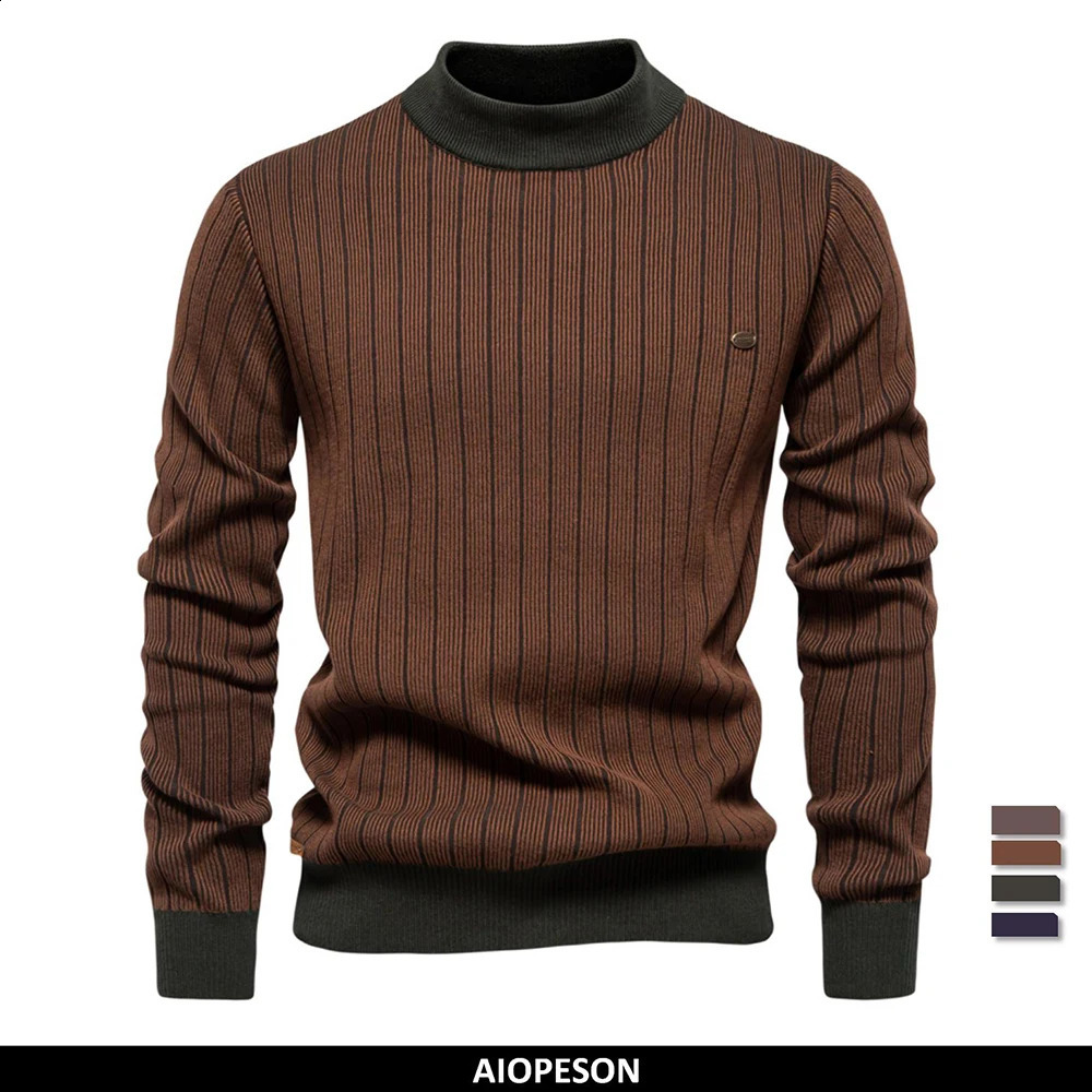 AIOPESON Mens Mock Neck Cotton Pullover Sweaters Autumn Winter Warm Stripped Sweater for Men 240910