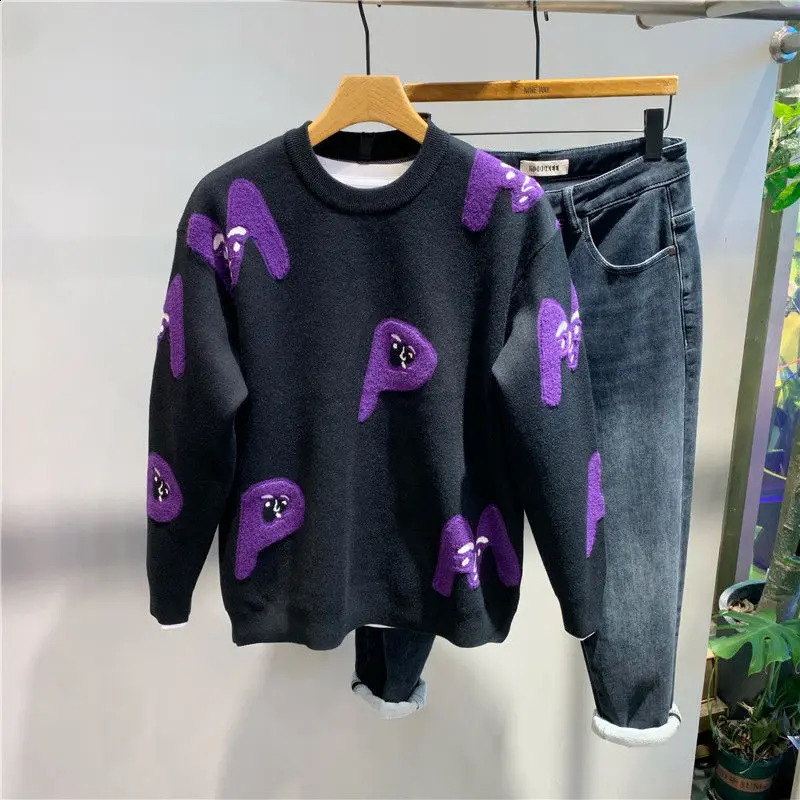 Mens Letter Print Pullover Knit Sweater Fashion Warm Inner Wear Top Stranded Yarn Clothing Chompa De Hombre 240910