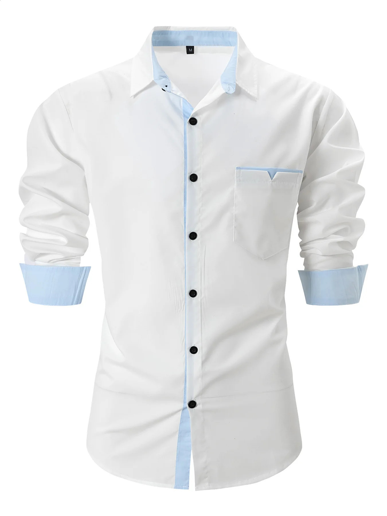 style mens spring and autumn fashion color with lapel long sleeve top trend business solid color slim casual shirt 240910