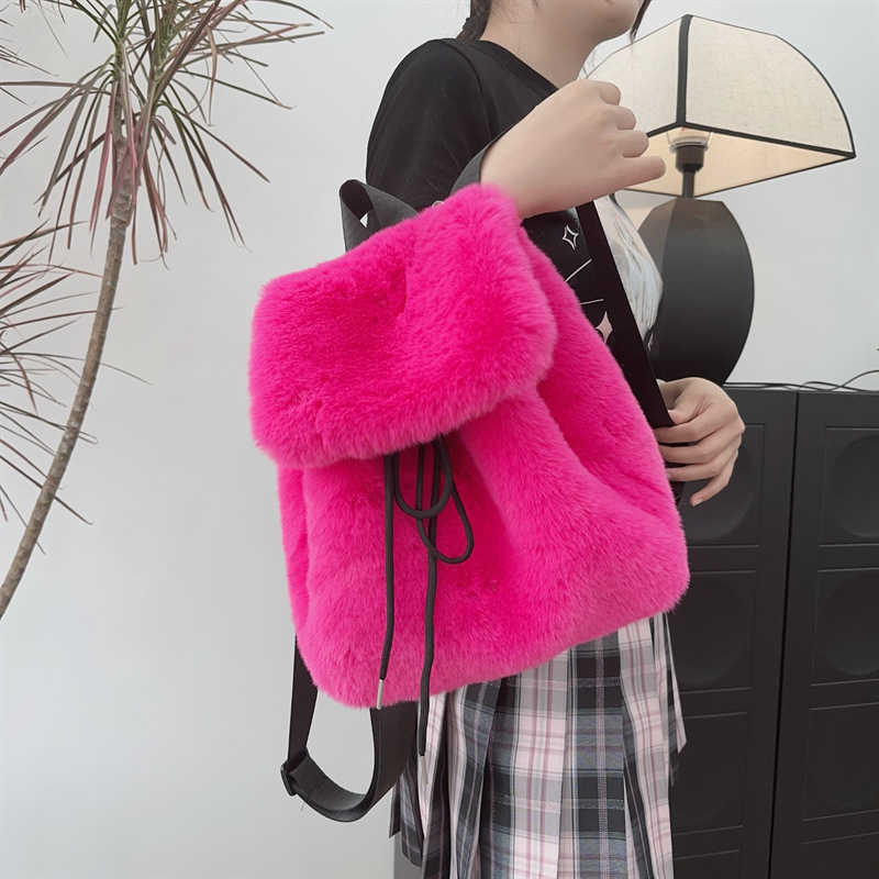 Sac à dos en peluche imitation des cheveux lapins Sac à dos de fourrure et filles grandes capacités cordons de léopard motif de couleur solide po