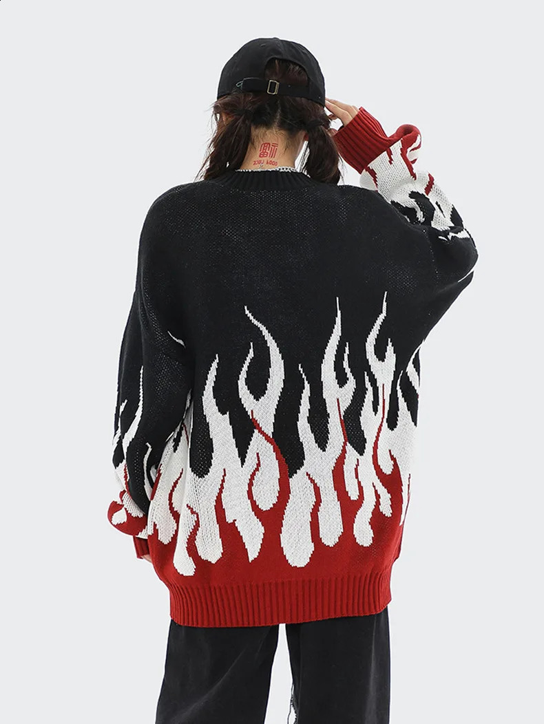 Autumn American Street Tede Personalized Flame Yarn Dye Round Neck Loose Sweater Mens Fashion Sweater 240911