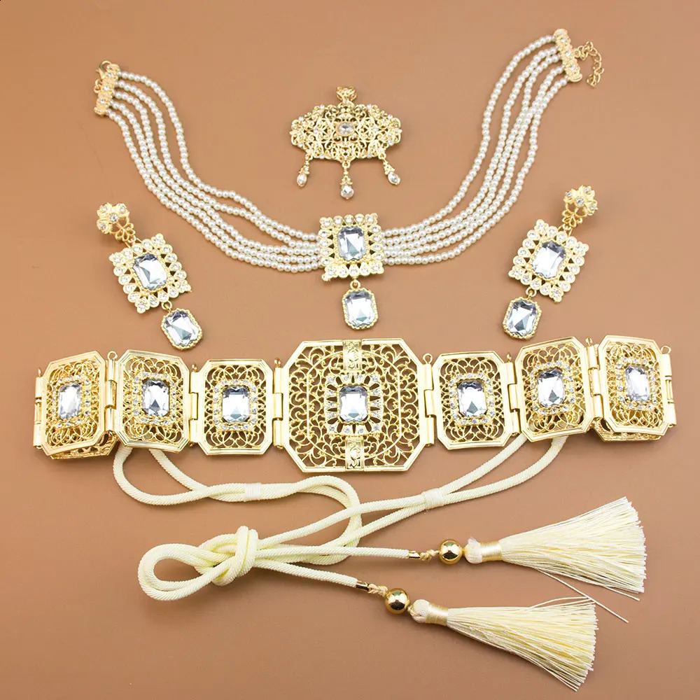 Sunpice Golden Marocain Bridal Bijoux Ensemble Corde Caftan Crystal Arabe Collier Collier Long Boucles d'oreilles Longues Broche 240910