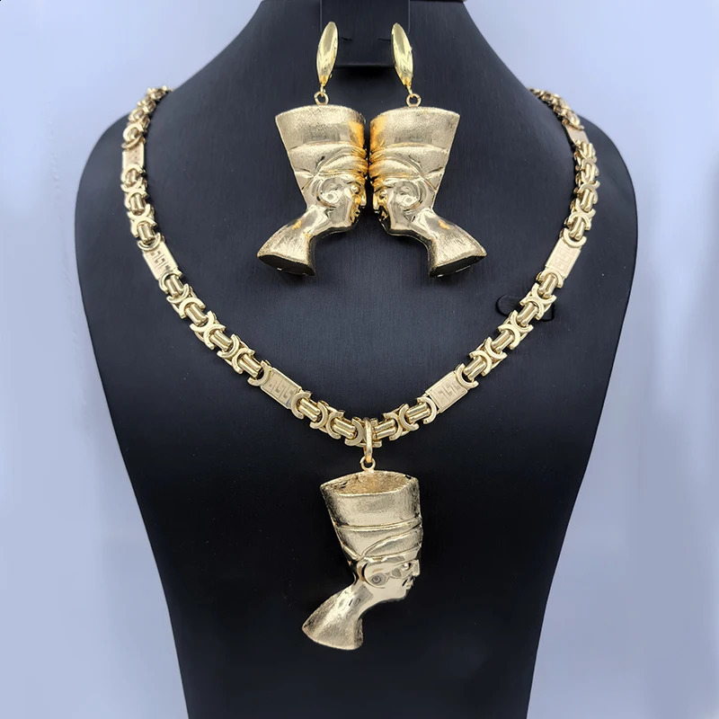 African Jewelry Set Dubai Women Gold Plated Pendant Pharaoh Earrings with Necklace Used for Party Engagement Bijoux 240910