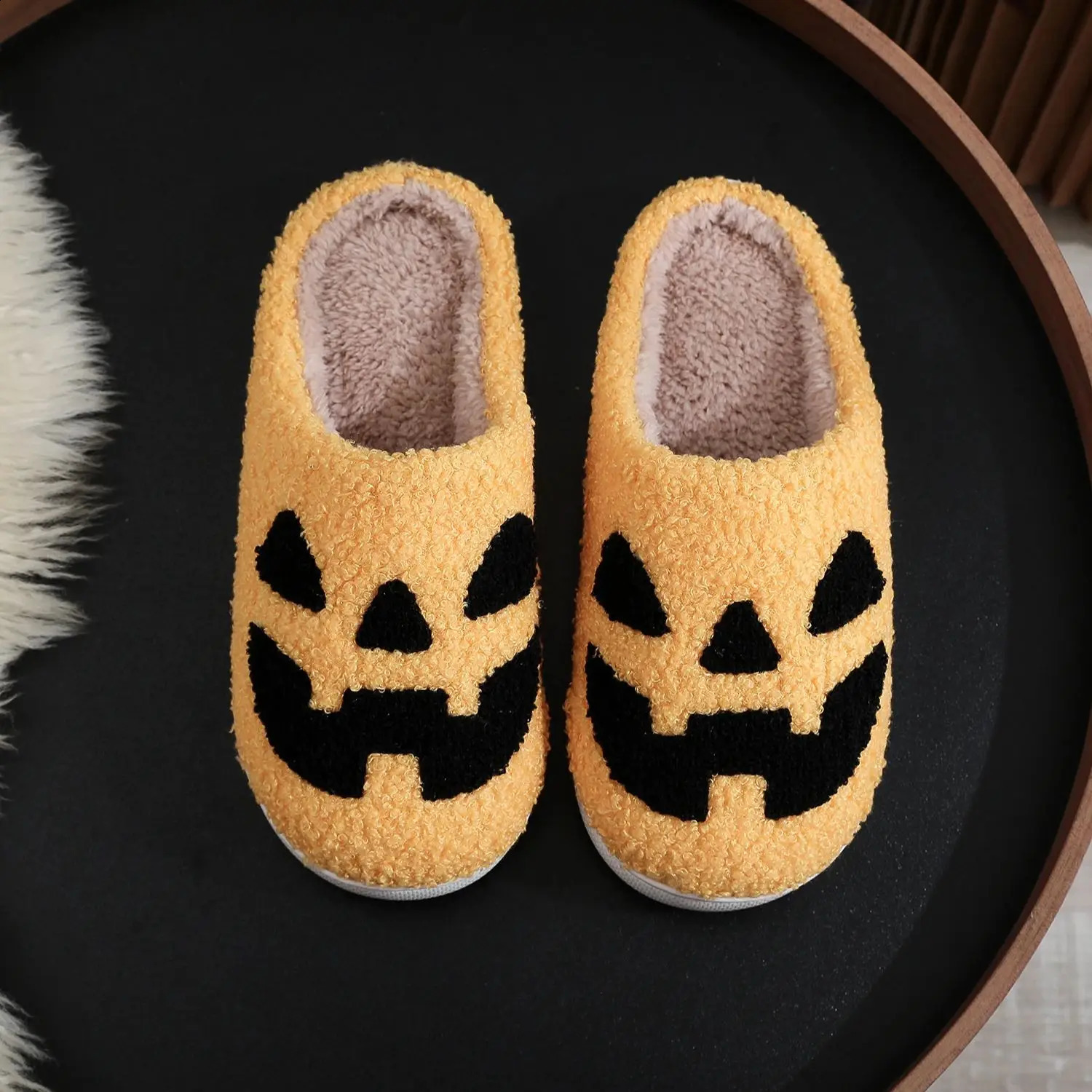 Winter home halloween pumpkin pattern cotton slippers non-slip thick bottom wool cotton slippers 240910