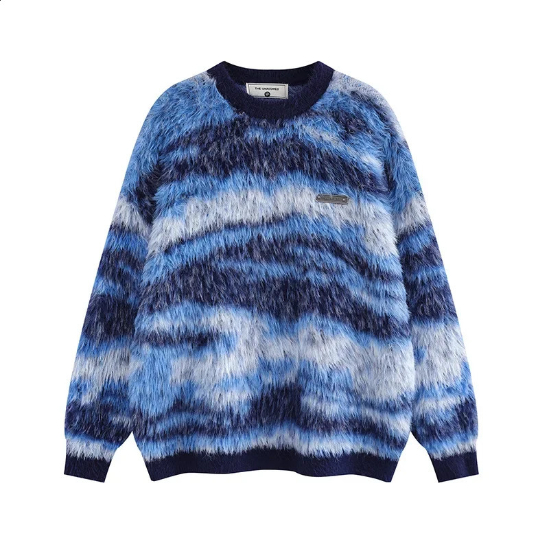 Angola Striped American Style Street Knitted Top Mens Fashion Casual Couple Sweater Crew Collar 240910