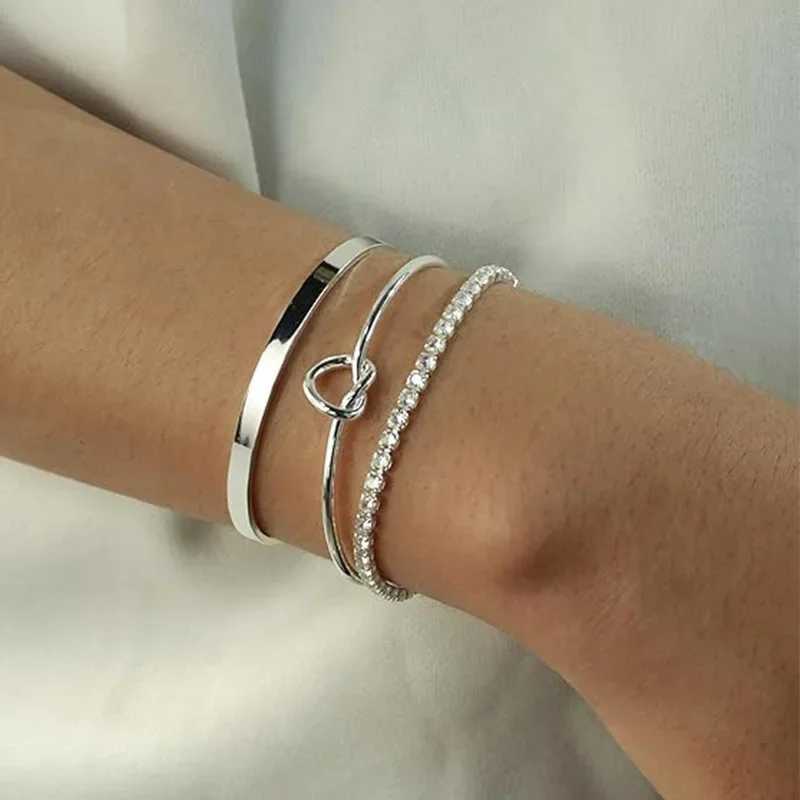 Bangle 3pcs Stainless Steel Stack Cuff Bracelets for Women 14K Silver Plated Adjustable Jewelry Gifts Luxury CZ Chain Love Knot Bangles y240911