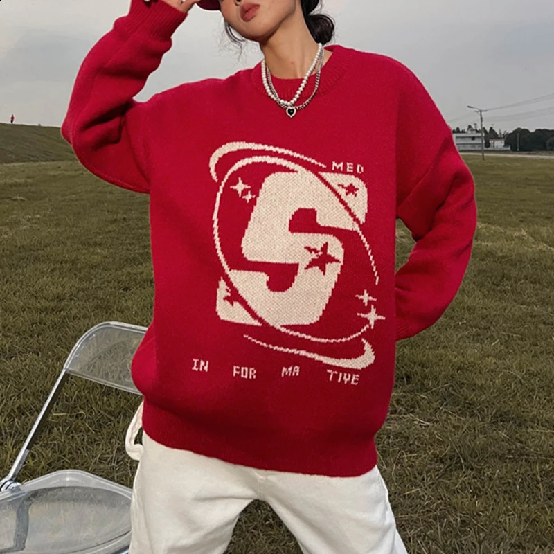 Capital Letter Print Solid Color Retro Mens and Womens Autumn Winter Sweaters Harajuku Crew Neck Oversized Baggy Knitted Top 240910