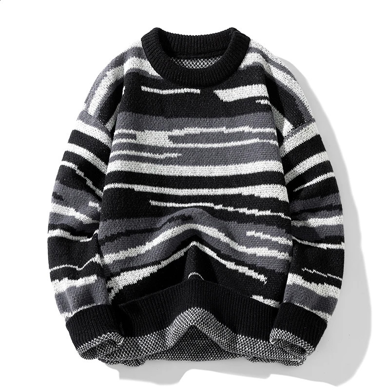 Japanese collision knitting retro couple street striped sweater winter mens loose knit round neck floral knit 240907
