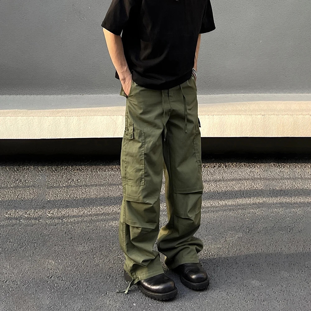 Army Green Cargo Pants Mens Summer Bag Multi Pocket Loose Casual Fashion Y2k Autumn Straight Leg Street Clothing Wide Leg Trousers 240910