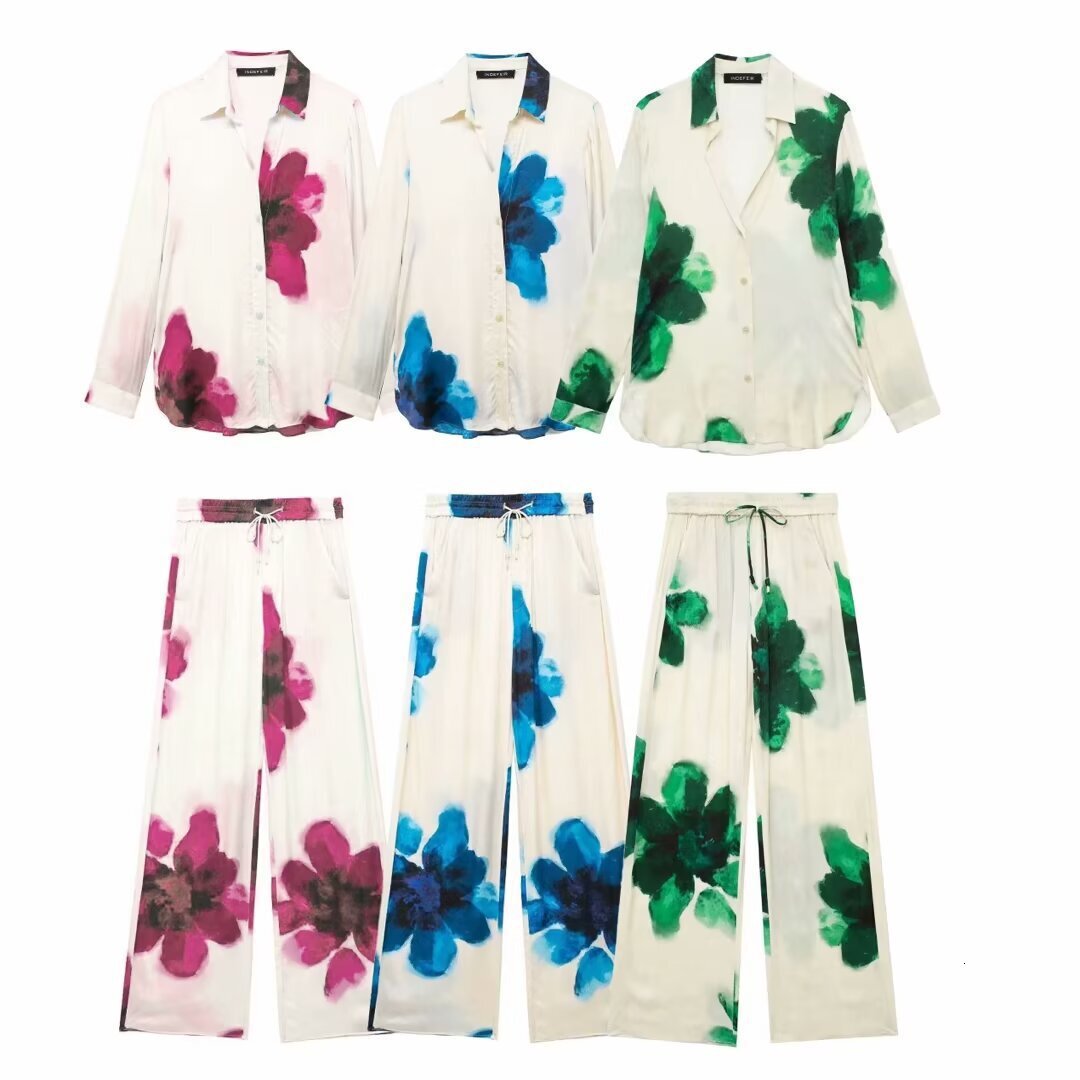 Women Two Piece Pant Set Summer Casual Printed Pants Set top and set New Product Womens Vertical Shirt With Large Flowers Ladies Matching Trouser Ou