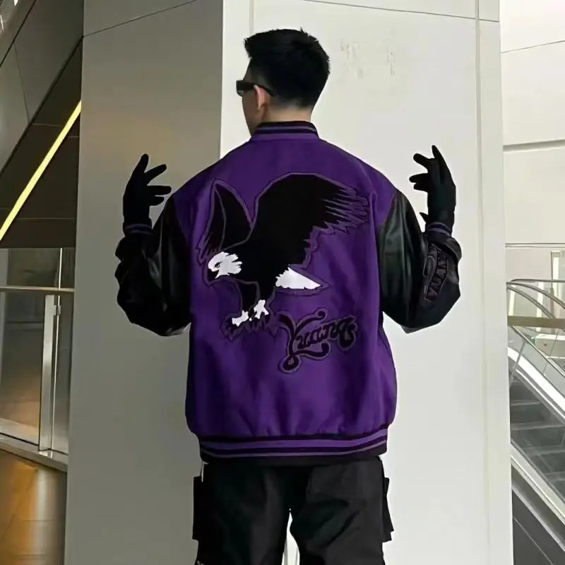 VIntage Varsity Jacket Men Purple Baseball Jackets Embroidery PU Faux Leather Sleeves Spring Autumn Women Bomber Coat 240910