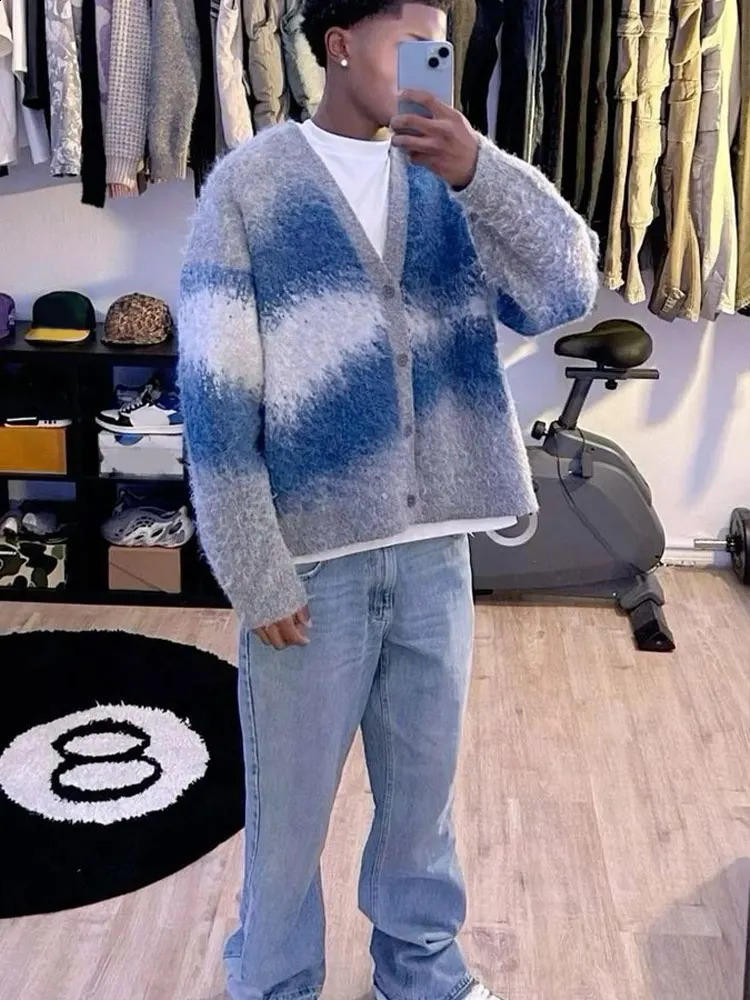 Fashion tie dye cashmere sweater cardigan mens long sleeved single chest knitted jacket autumn thick warm wool jacket 240910