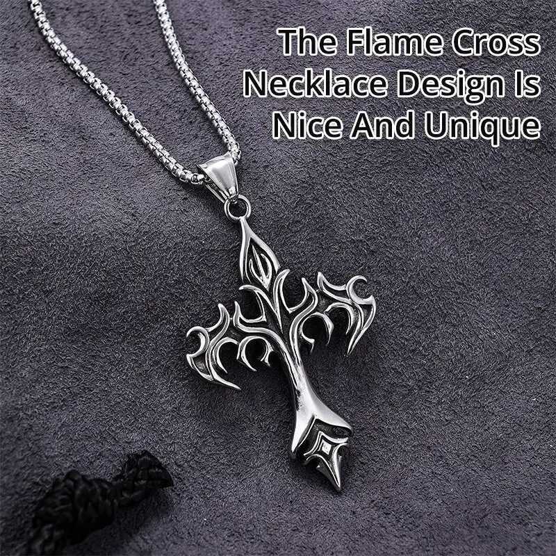 Hip Hop Jewelry Unique Fashion Stainless Steel Flame Design Cross Pendant Necklace Goth Necklaces Gift for Women MenX2409