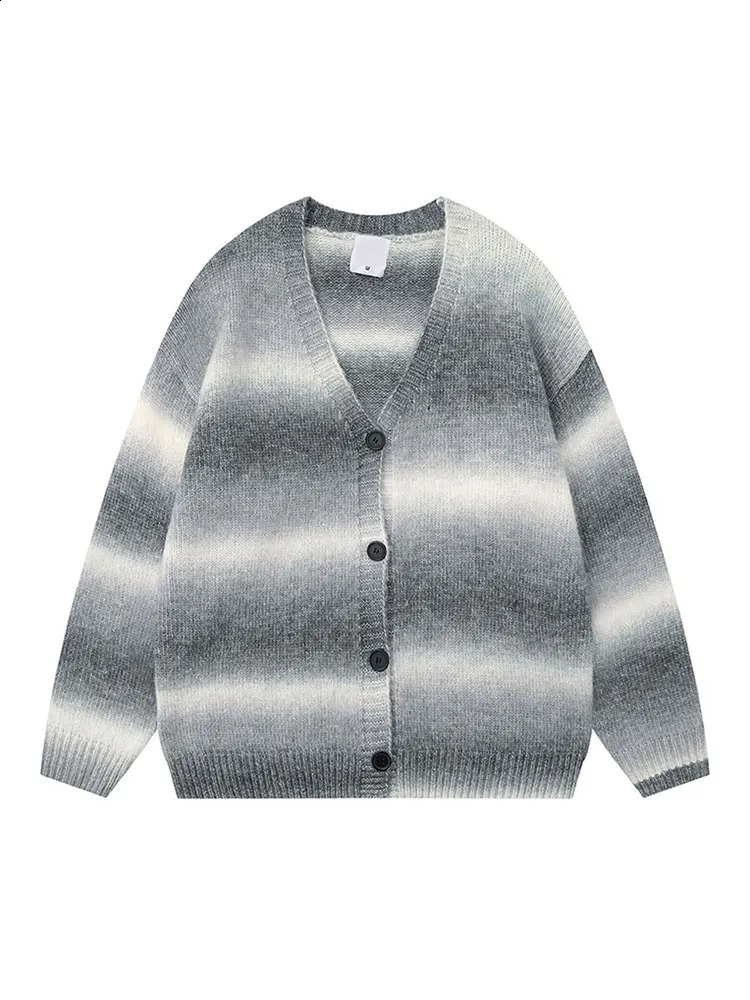 American retro striped college style knitted sweater unisex autumn V-neck casual womens button up cardigan 240910