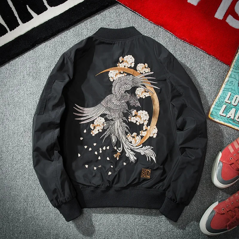 Bomber jacket mens hip-hop embroidered phoenix flight jacket mens autumn and winter retro baseball jacket Harajuku streetwear fashion 240910