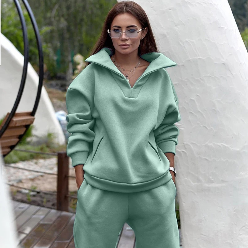 Womens sportswear set Plus wool sweater two-piece set autumn and winter casual ultra-fine solid womens sportswear pants set 240910