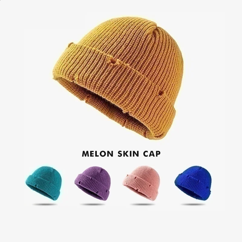 Candy Color Winter Harajuku Knitted Hat Womens Fashion Warm Thick Mens Hip Hop Hole Skullcap Short Hat Neutral Basic Hat 240910