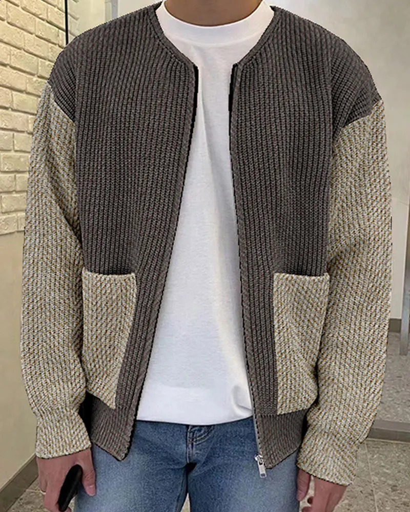 Mens Knitted Sweater Winter Thick Collar Zipper Rib Knitted Sweater Warm and Casual Knitted Coat Open Collar Mens Clothing 240910