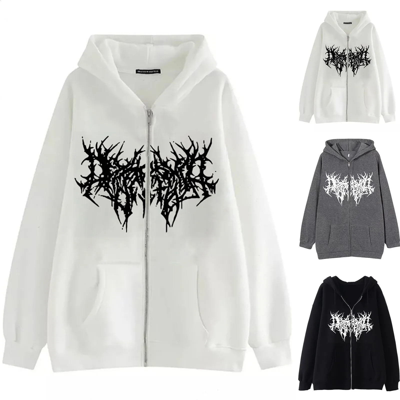 Womens sportswear streetwear retro printed Gothic sportswear womens oversized front zipper coat wool Y2k hooded sweatshirt 240909