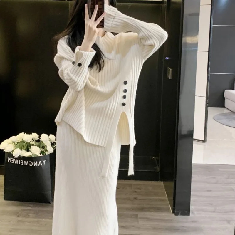 Elegant retro knitted set womens long sleeved side split turtle neck pullover sweater and high waisted long skirt two-piece set 240907