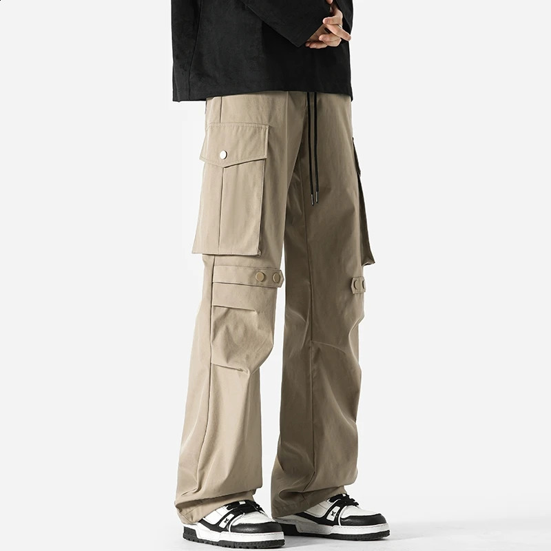 Hommes pantalons de cargaison légers pantalons latéraux pantalons baggy imperméables pantalon de jambe droite de rue hanche.