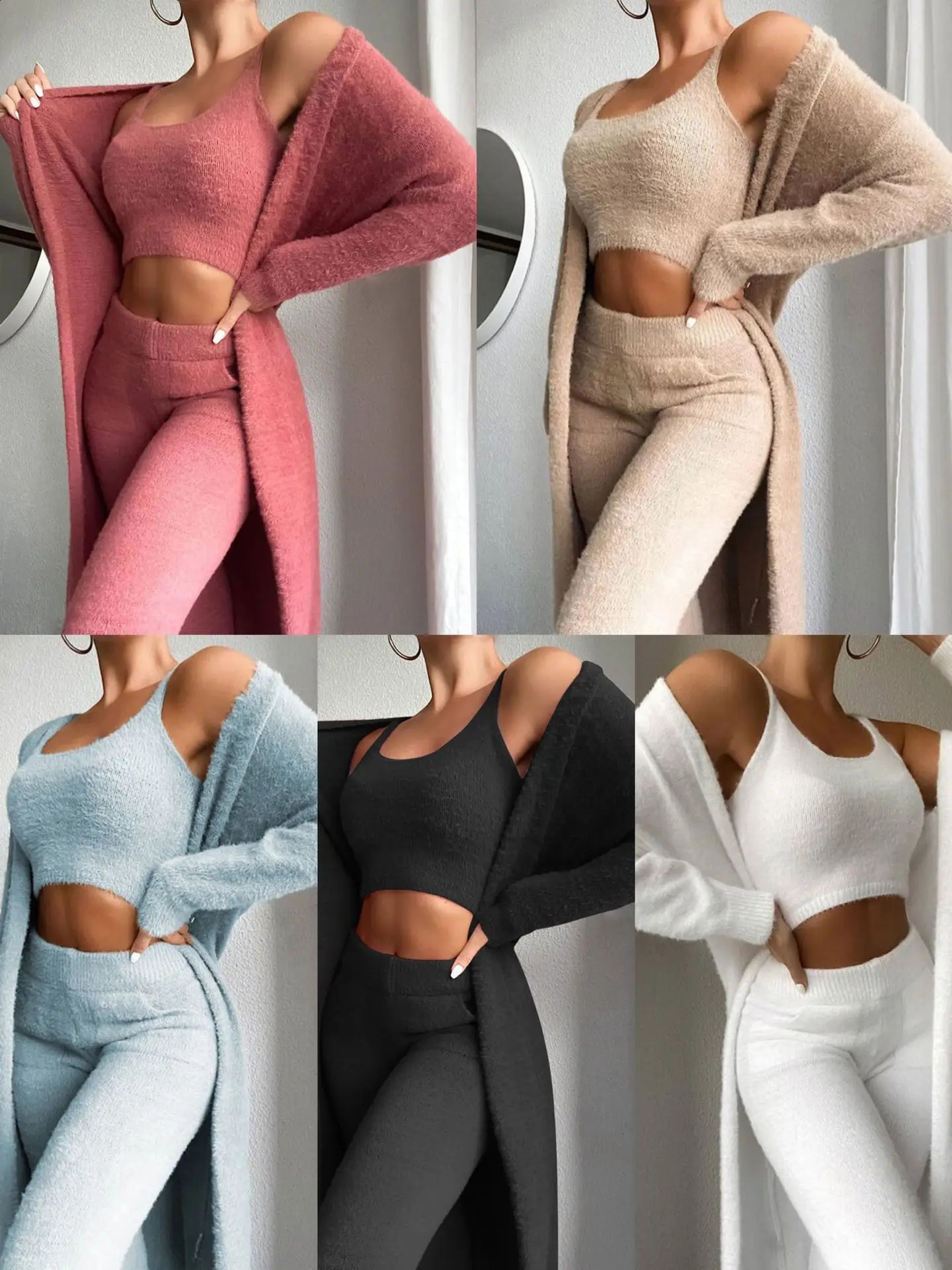 Women Knitted Plush Comfy Outfit Set Lounge Wear Crop Top And Cardigan Long Trousers Pants Pajamas 3 Piece 240911