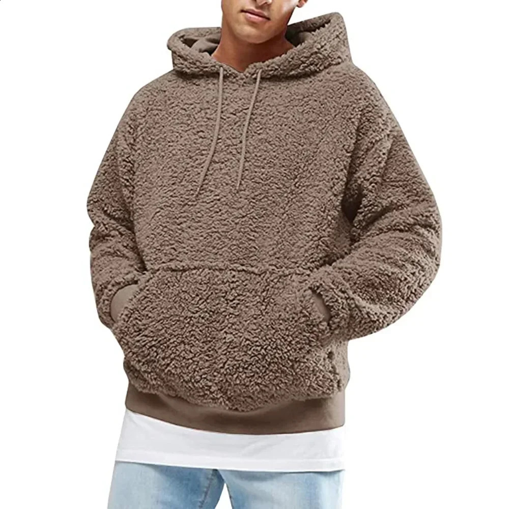 Autumn Winter Mens Tops Plush Hooded Sweater Fashion Solid Warm Hoodies Y2K Streetwear in Hooded Sweatshirts Mens Clothes 240910