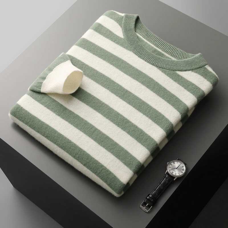 Autumn and Winter New 100% Merino Wool Cashmere Sweater Mens O-neck Zipper Knitted Stripe Contrast Loose Top W240909