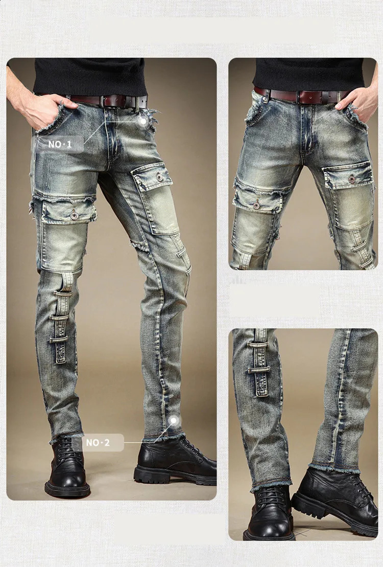 Fashionable mens pants with high-quality elastic pockets Y2k jeans retro blue motorcycle denim Trousers autumn streetwear mens clothing 240912
