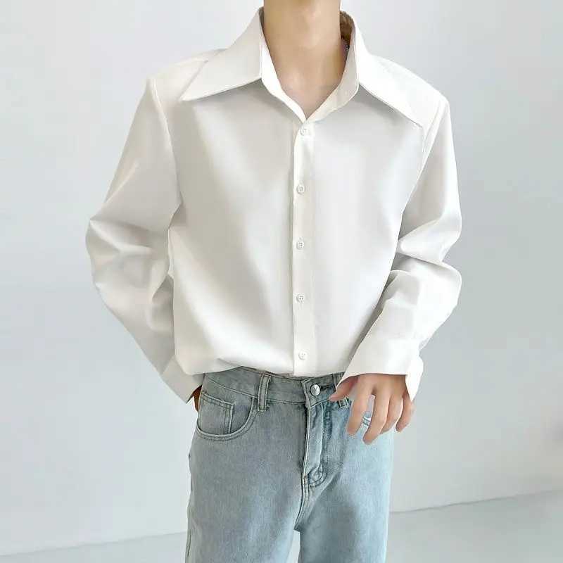 Mens new spring autumn polo collar solid color long sleeved loose shirt simple matching fashionable Korean casual top W240911