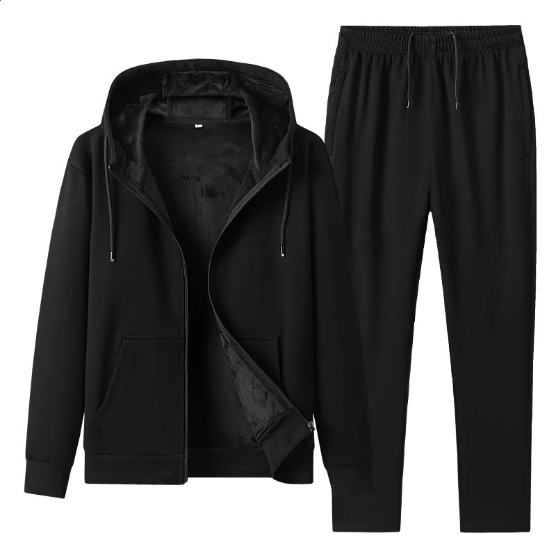 mens plush thick hooded zipper cardigan two-piece set suitable for young autumn and winter warm casual sportswear 240912