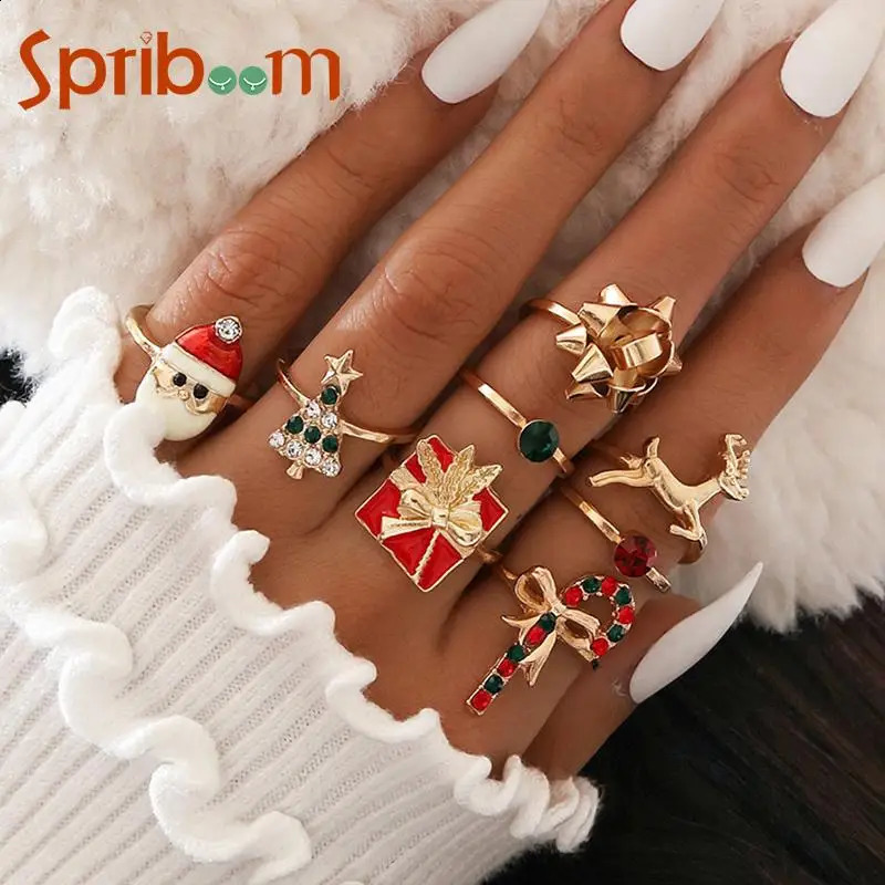 1/8 pièce/ensemble bague de Noël femme cristal bâton d'arbre de Noël ensemble de bagues de père Noël bijoux de fête de bonne année cadeau féminin