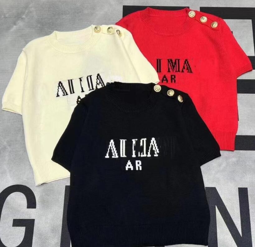 Women's Sweater Knitted T Shirt Short Sleeve Luxury Letter Tops Woman Clothes Striped Fashion Tee Shirt Femme polo-image-802432172