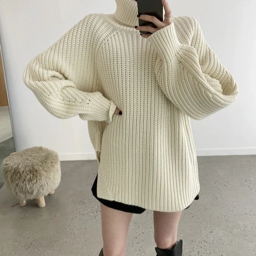 High neck knitted floral womens autumn and winter Korean style thick edge splicing long sleeved sweater top in 3 colors 240912