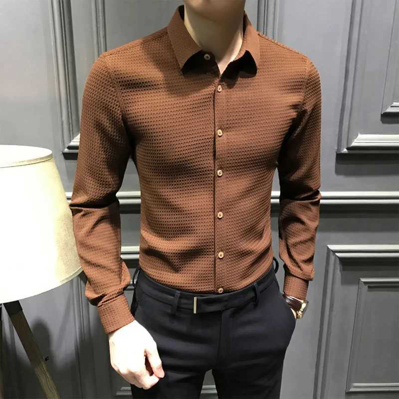 Business and leisure mens spring and autumn new style collar solid waffle single chest fashionable casual office social long sleeved shirt top W2