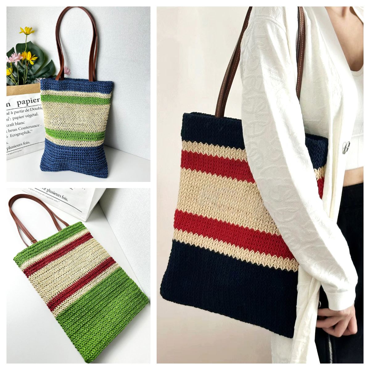 Womens Summer Fashion Color Block Striped Woven Tote Bag Designer Raffia Straw Shoulder Shopper Bag Top Handles Large Capacity Summer Travel Handbag