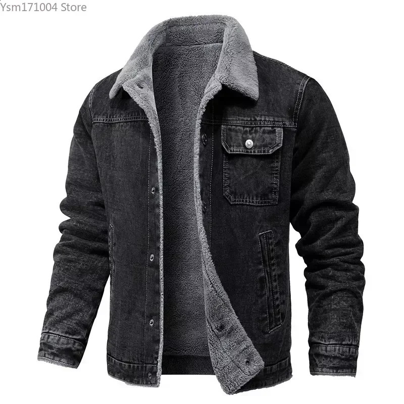 Winter mens jacket high-quality collar sheepskin thick coat Korean fashion casual tight denim jacket 5XL mens clothing 240907