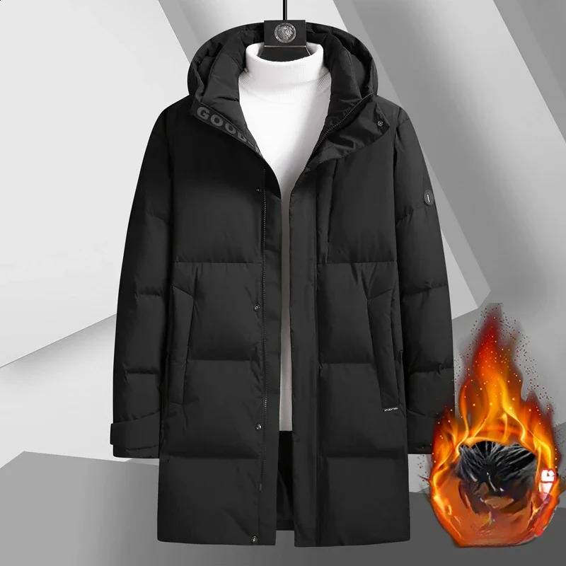 Mens Winter Fashion Long Solid Color Down Jacket Mens Thick Warm Hooded Coat Mens White Duck Down Coat P310 240907