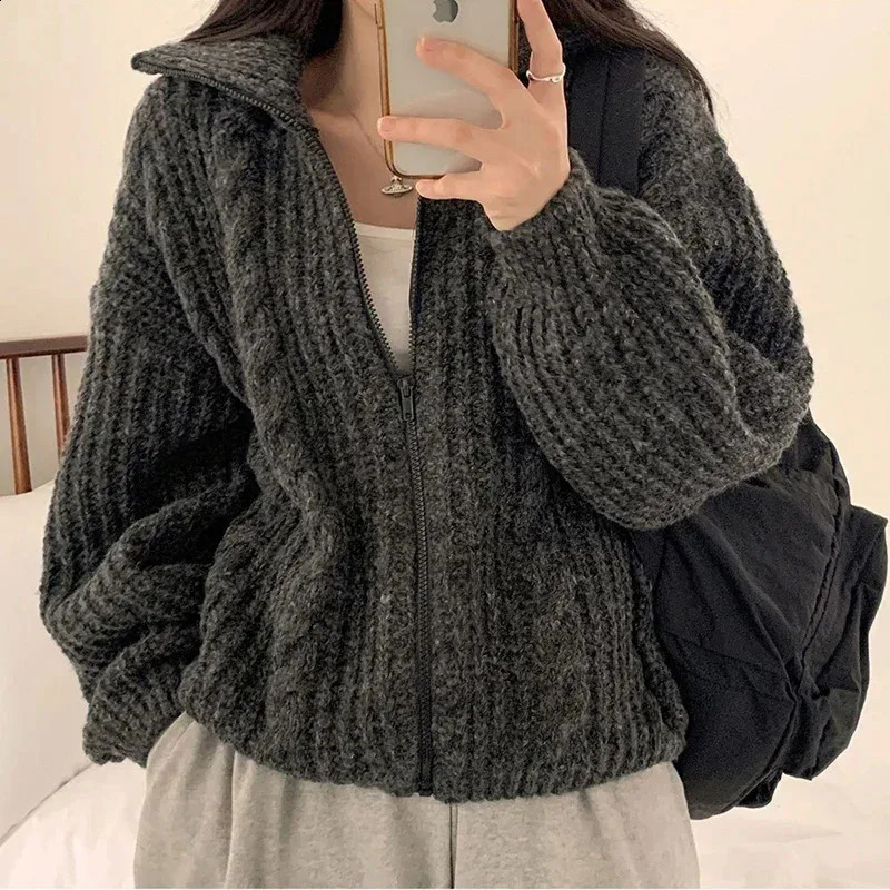 Black thick short sleeved knitted cardigan womens turtle neck autumn and winter Korean style long sleeved loose sweater jacket in 6 colors 240912