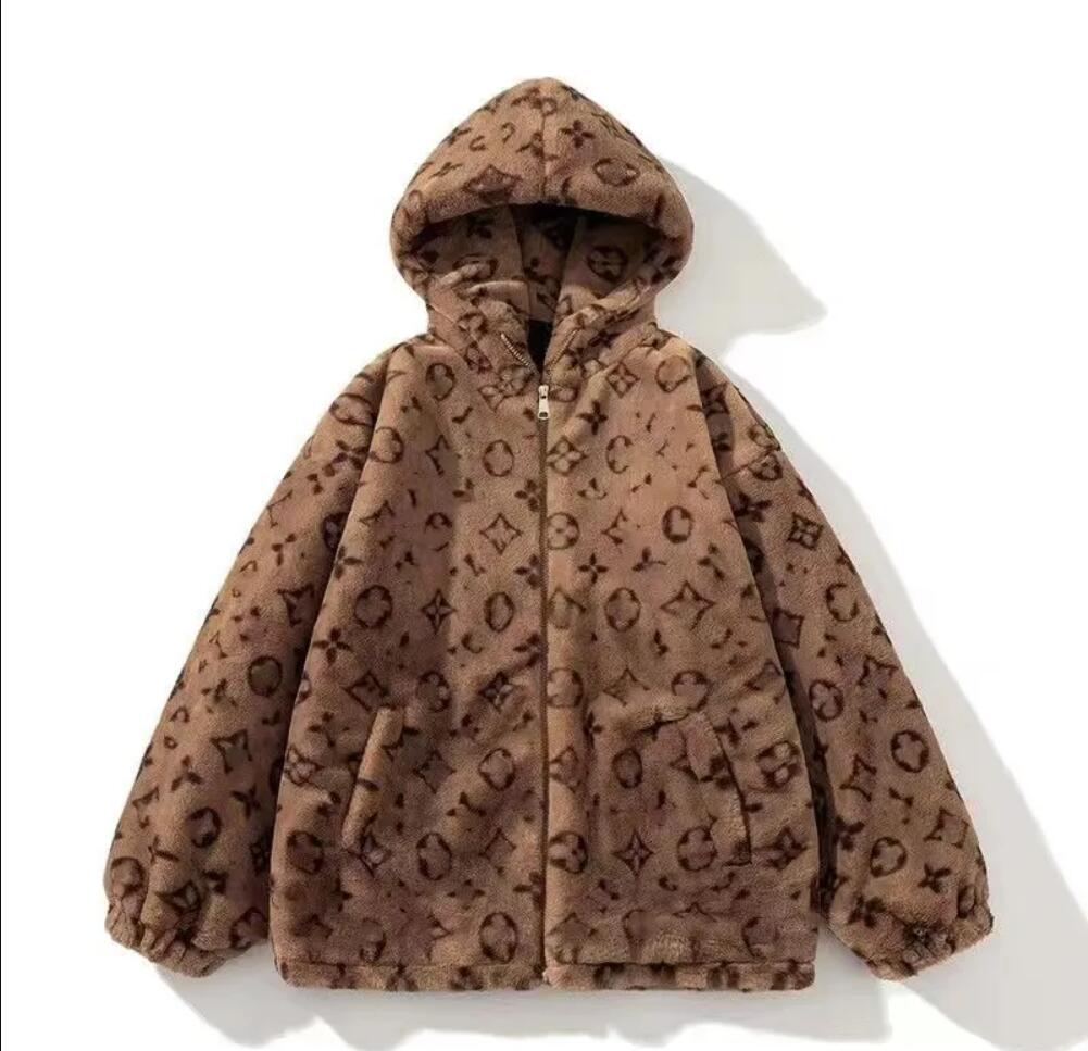 24-Winter Lamb Wool jackets Womens hooded Coat Designer brand Small jacquard LOGO Thick warm fur coat Loose casual large size hooded fur jackets