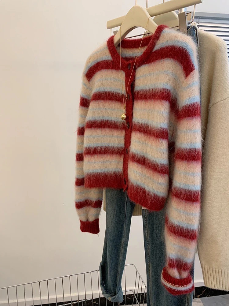 Autumn and winter sweet red striped Mohier knitted cardigan sweater for womens fashion round neck single chest sweater jacket 240912