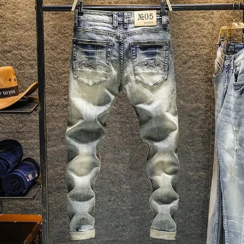 Mens jeans wash tight mens jeans retro Trouser ultra-thin fit high-quality tight tube Korean Xs Y2k retro stacking 240912