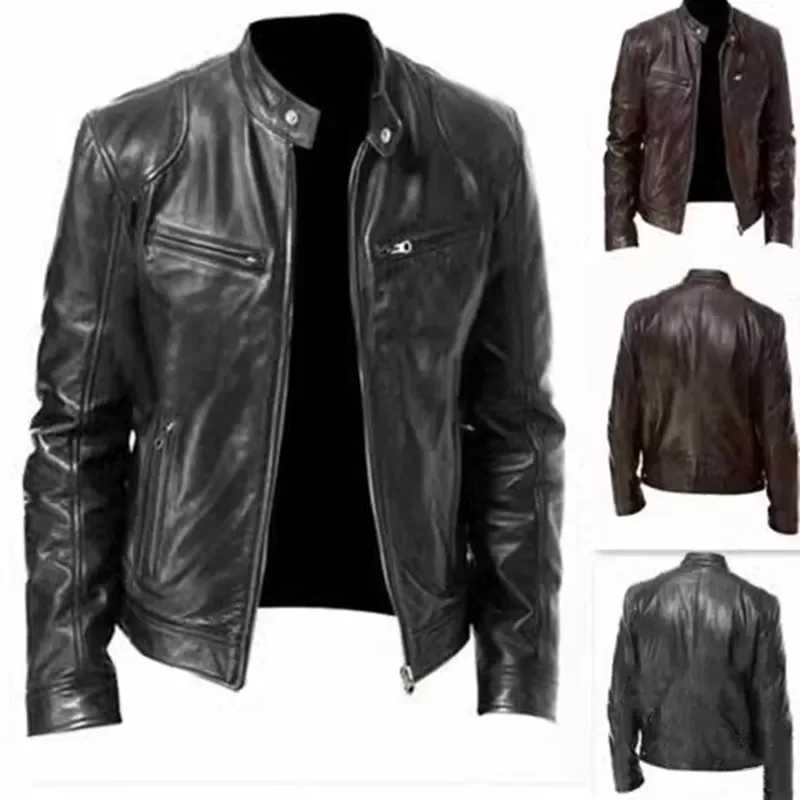 Mens motorcycle leather jacket ultra-thin slim fit short jacket lapel PU jacket autumn new zipper holder windproof leather jacket mens clothing W