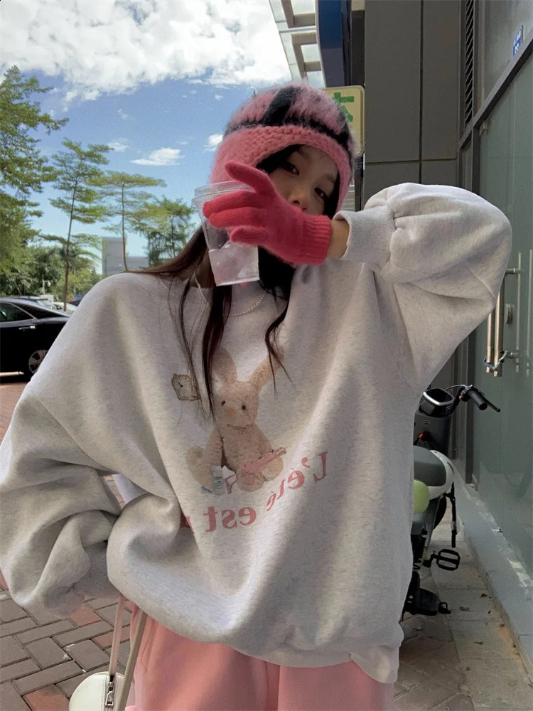 Hikosaka Fashion Sweet Cartoon Printed Hoodie Womens O-neck Long Sleeve Y2k Top Harajuku Street Clothing Full Match Casual Sweatshirt 240912